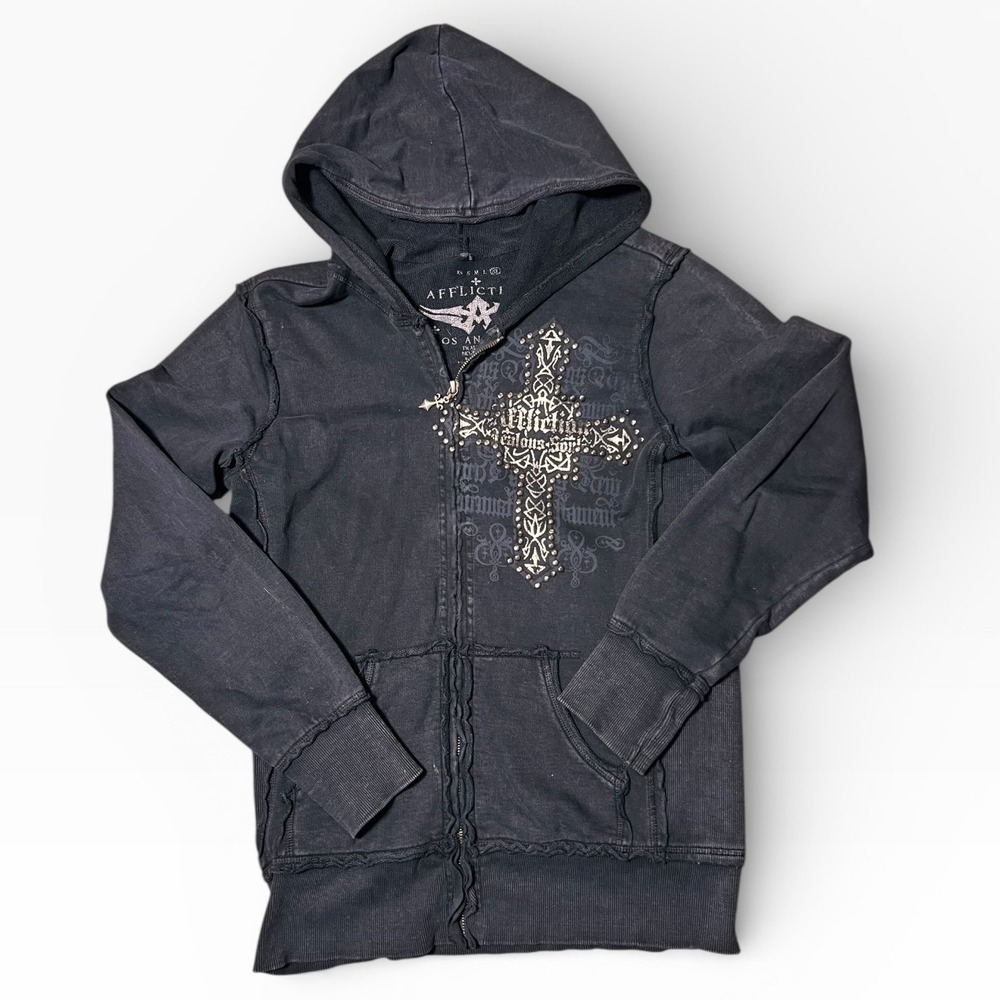 Vintage Affliction‎ Zip Up Hoodie Womens XL Black Cross Wings Distressed Grunge